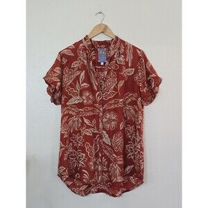 Johnny Was Button Up Tunic Blouse Size Medium Ruffle Sleeve Orange Folklore